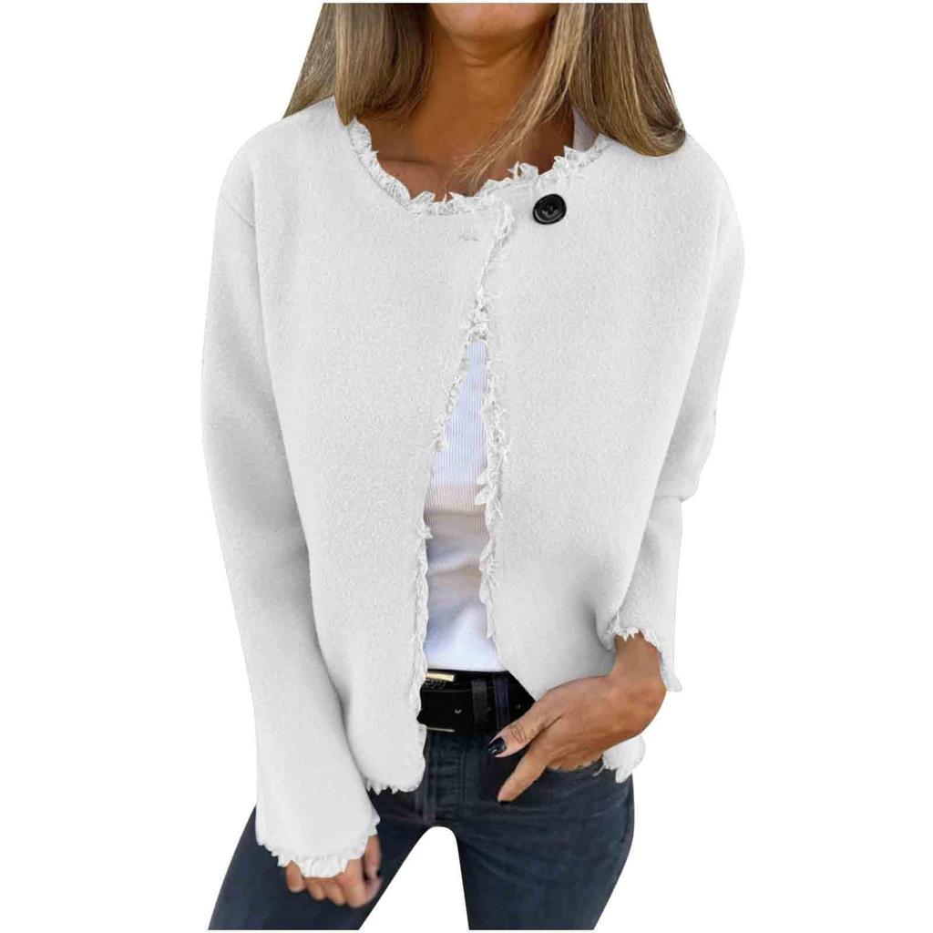 Women's Casual Crewneck Long-sleeve Tassel Woolen Solid Color Coat
