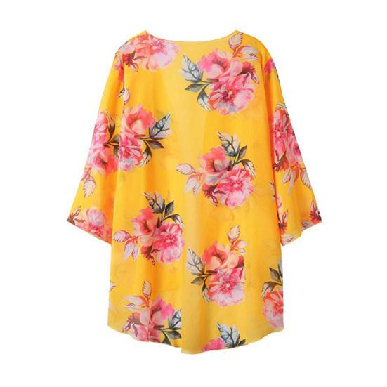 Women Floral Leopard Print Half Sleeve Shawl Cardigan Bikini Cover Up Blouse Top