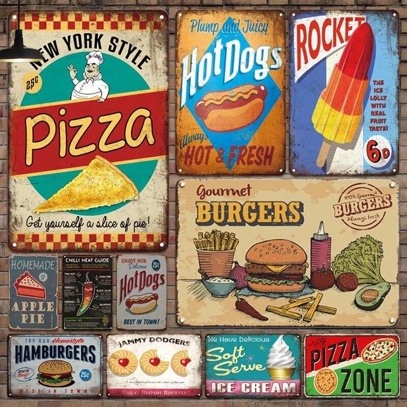 Hot Dogs Burgers Pizza Metal Signs Vintage Posters Kitchen Wall Decoration Tin Sign Bar Home Decor Metal Plaques Art Painting