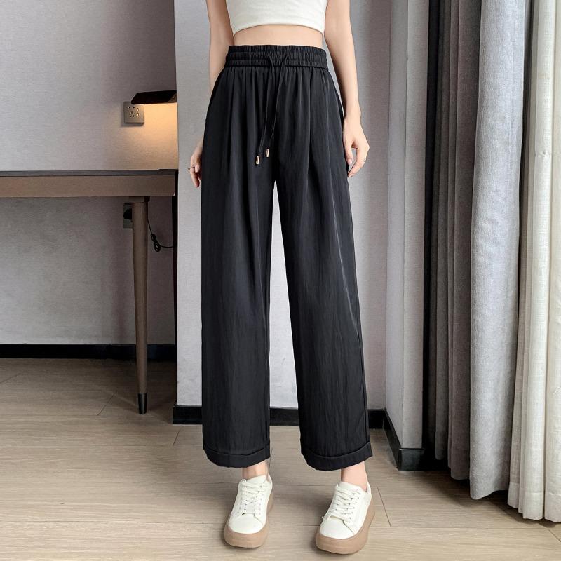 Women's Summer New Thin Loose Wide-legged Trousers Small High Waisted Elastic Nine-minute Trousers Ice Silk Straight Casual Trousers