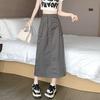 Women's Summer American Vintage Utility Midi Skirt - High-Waist Split Drawstring A-Line Army Green Skirt
