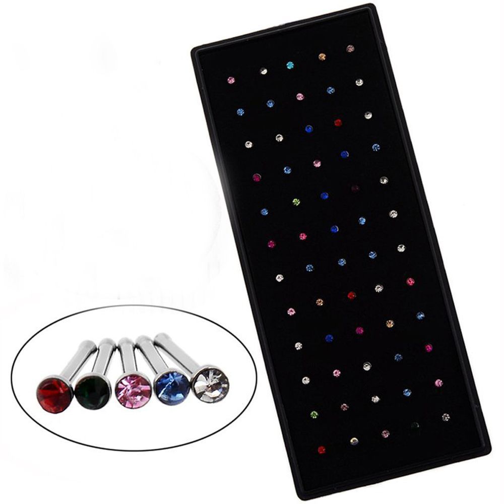 60 Pcs Girl Fashion Stainless Steel Nose Studs Ring Nose Ring Body Piercing Jewelry Rhinestone