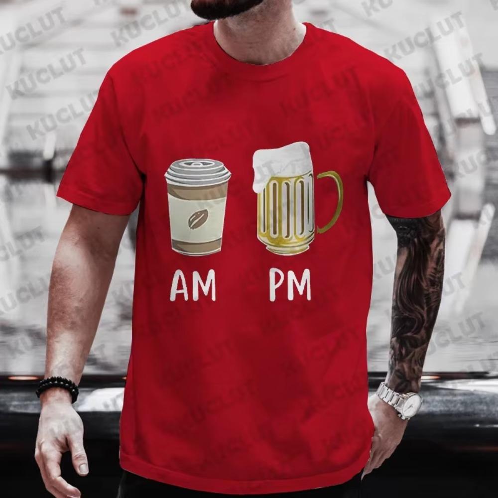 Футболка с рисунком Coffee AM Beer PM для мужчин, летние футболки с коротким рукавом для любителей пива, вечеринки, свободная одежда Y2k, уличная одежда