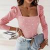Женский весенний топ с глубоким вырезом и квадратным вырезом, однотонный, приталенный, эластичная нить, с длинными рукавами и бисером, женская блузка с пузырьковыми рукавами