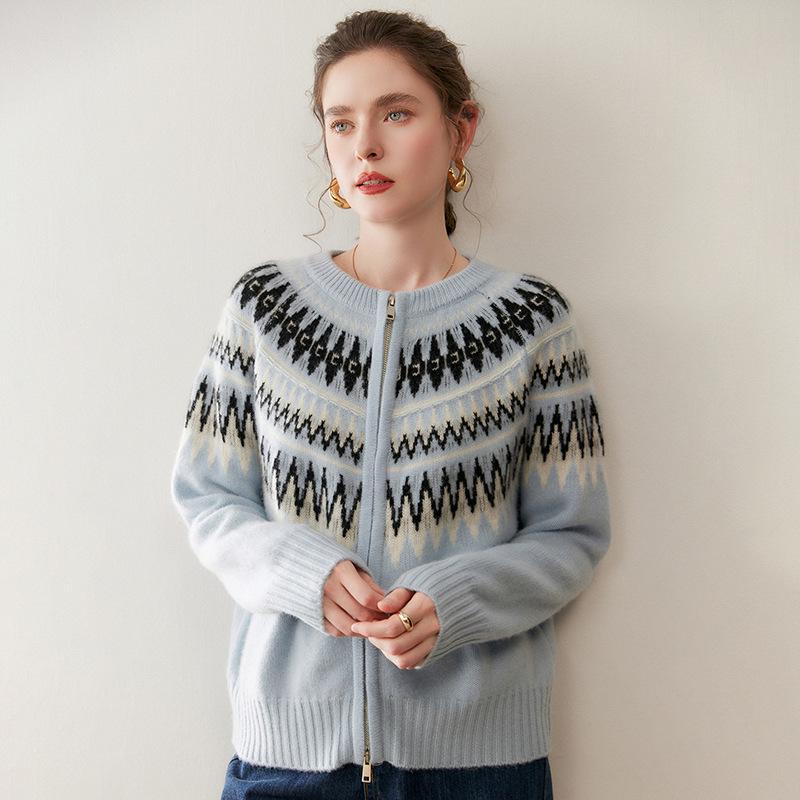 Женский толстый теплый кардиган-свитер из кашемира в стиле Fair Isle на молнии - Круглый вырез, цветовые блоки для осени/зимы