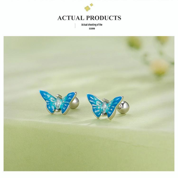 Bright Oil Drop Butterfly Earrings for Women - S925 Silver Threaded Ear Jewelry