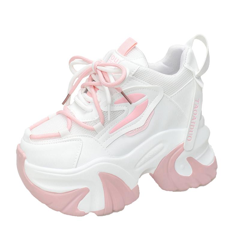 Модные женские кроссовки на массивной подошве Весна Осень 10 см Скрытая платформа Кожаные Повседневные туфли Женские Кристальные На высокой платформе Женские Спортивные Кроссовки Папа