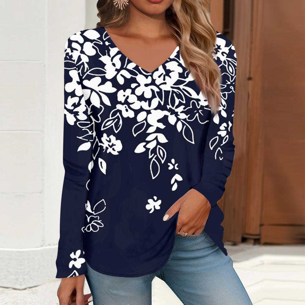 Жен. Футболка Футболка С принтом Длинный рукав Повседневные Выходные Повседневные Классический V-образный вырез Обычный Осень Зима Верхушки