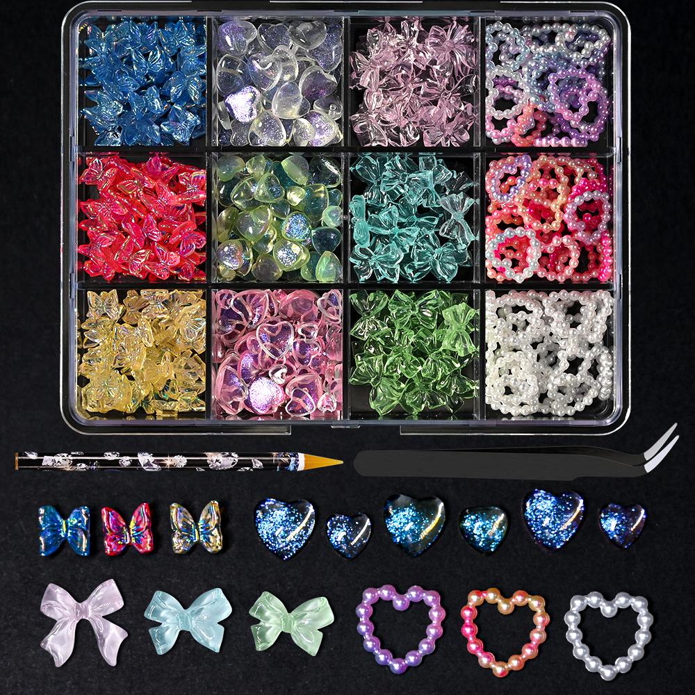 Kawaii Colorful Mixed Resin Rhinestone Nail Art Charms Bowknot Pearls Kit DIY Manicure Decorations Box With Wax Pen Tweezers