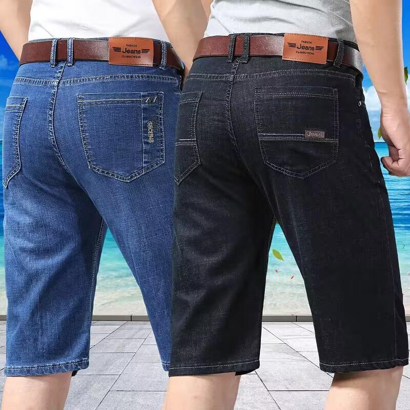 Летние мужские джинсовые шорты тонкие с вышивкой деловые повседневные прямые короткие джинсы одежда черные синие