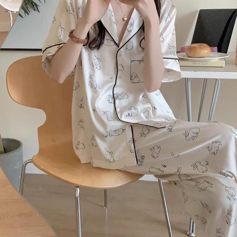 Ladies Simple Cartoon Pajamas Loungewear Set Spring Summer Ice Silk Short Sleeve Pants Casual Pajamas Loungewear Ladies