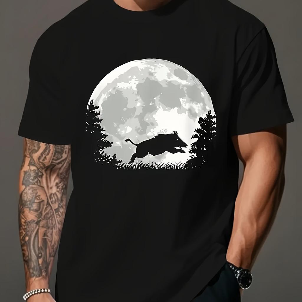 Wild Boar Moon Graphic Mens Cotton TShirt Breathable Short Sleeve Casual Hunting Tee