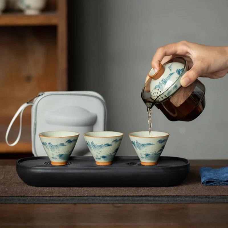 Chinese Tea Set Hand-painted Underglaze Ceramic Glass Tea Set Portable Outdoor Travel Kung Fu Tea Set 1 Pot 3 Cups