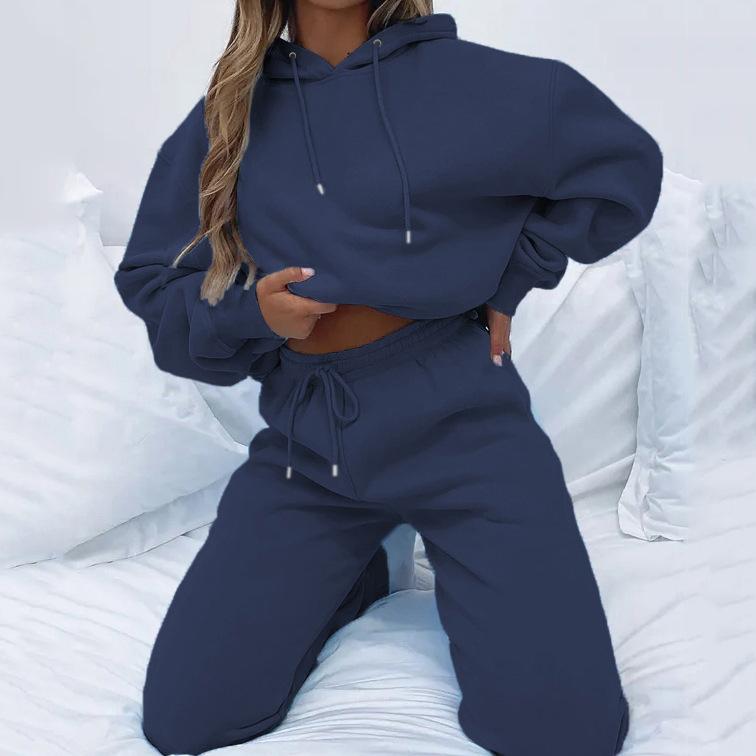 Women's Solid Color Hooded Pullover Sweatshirt Set with Long Pants Casual Pockets Spring Fall