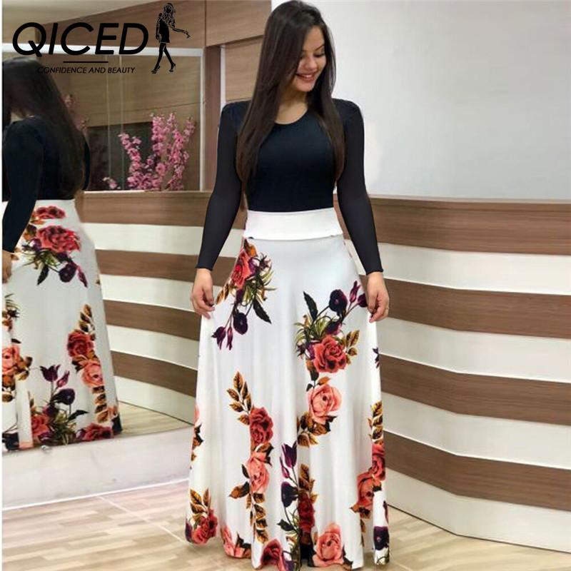 QICED Floral Print Patchwork Long Sleeve Bohemian Dress Women Spring Autumn O-Neck Big Swing Long Dresses