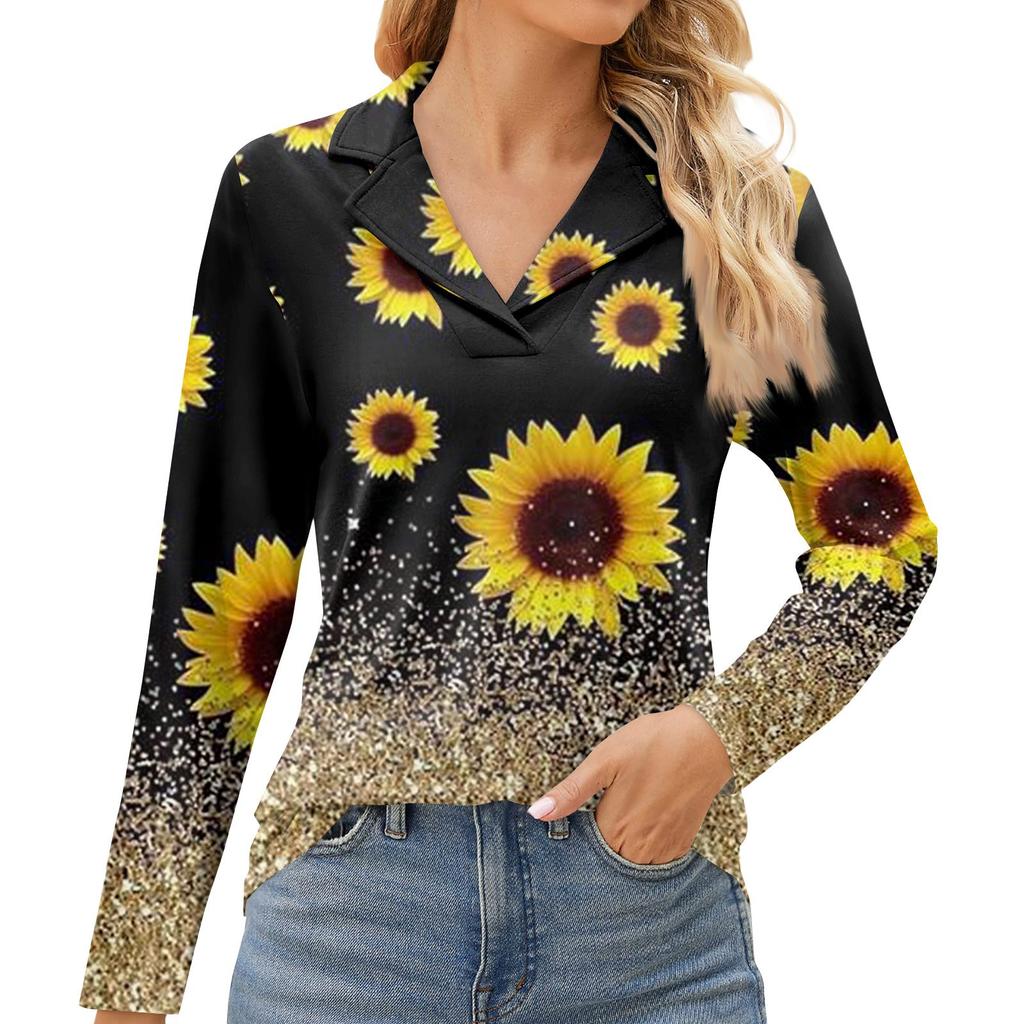 Женская мода для отдыха с длинным рукавом и V-образным вырезом с цветочным принтом