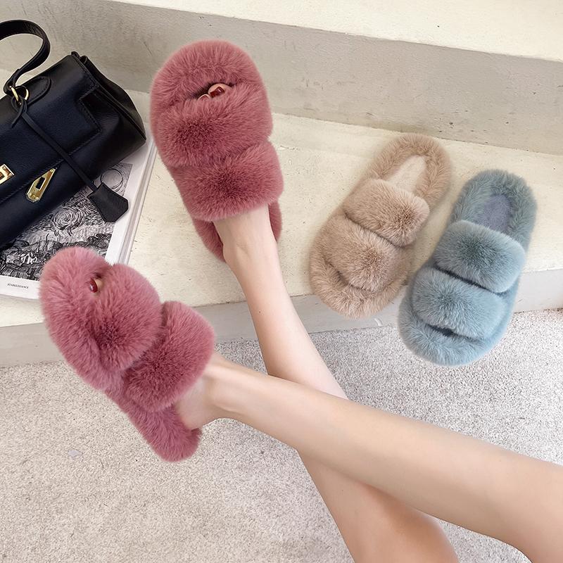 Fashion NEW Design Women Winter House Furry Slippers Women Cross Fluffy Fur Home Slides Flat Indoor Floor Shoes Ladies 2024
