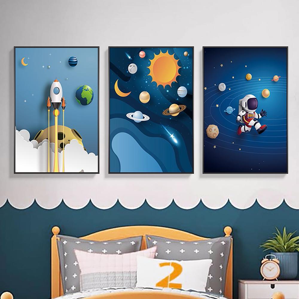Outer Space Astronaut Cartoon Picture Poster Canvas Painting Kids Room Prints and Decoration Mural for Modern Home Decor No Frame