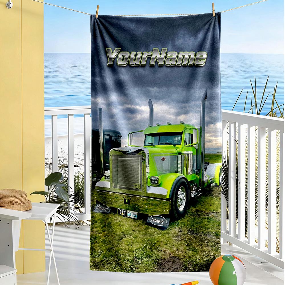 Peterbilt Heavy Trucks Personalized Text Beach Towel Soft Durable Quick-Dry Perfect for Traveling Yoga Camping and Swimming