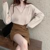 Hirsionsan Cropped Loose Solid V-neck Knitted Pullover Sweaters Women New Korean Causal Retro Sweaters Minimalist Long Sleeve Jumpers