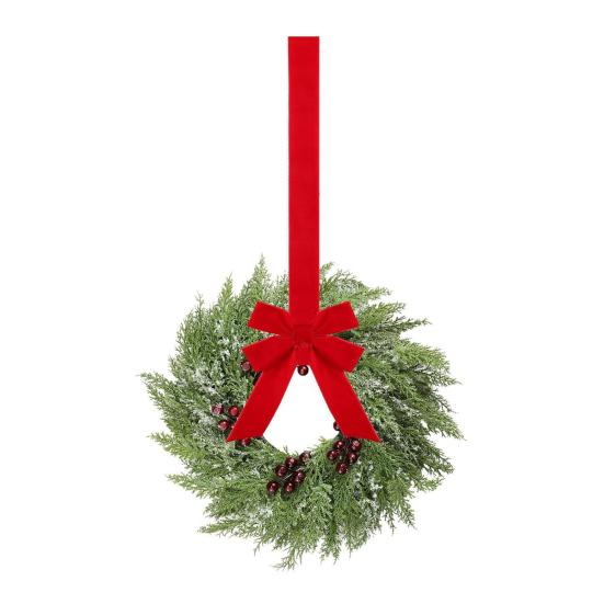 Yousheng Christmas Wreath for Windows 10 Inch Small Artificial Greenery Wreath with Berries And Red Bow for Winter Fireplace Home Decor