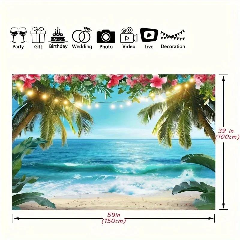 Hawaii Beach Background - Tropical Palm Flower Ocean Studio Luau Party Props and Summer Decoration, Wall Decoration