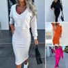 2 Pcs/Set Women Sweatshirt Dress Set V Neck Loose Soft Thick Warm Solid Color Short Top Sleeveless Slim Fit Dress Casual Mid-calf Length Dress