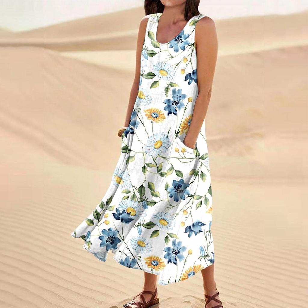 Женское летнее свободное свободное платье с круглым вырезом и цветочным принтом без рукавов, большое свободное платье с карманами