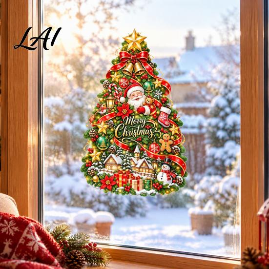 Holiday Window Stickers Christmas Tree Clings with Santa Claus Snowman Gingerbread Man and House Static Glass Art for Home Decorations Double Sided