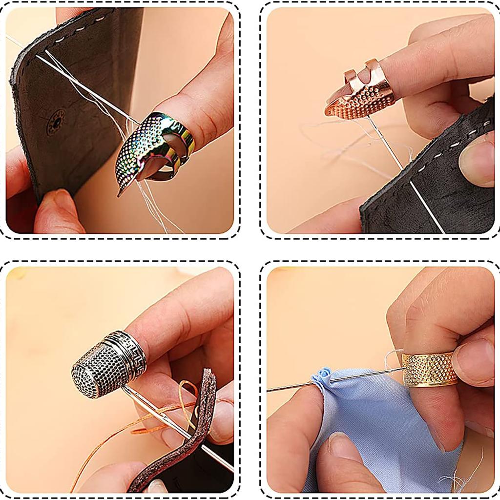 Hand-Working Sewing Thimble Metal Finger Shield Ring Leather Finger Protectors Thimble Rings for Knitting Quilting DIY Craft