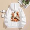 Ladies Spring Autumn Casual Hooded Long Sleeve Big Pocket Halloween Ghost Pumpkin Flower Printed Pullover Hoodies Sweatshirt Top