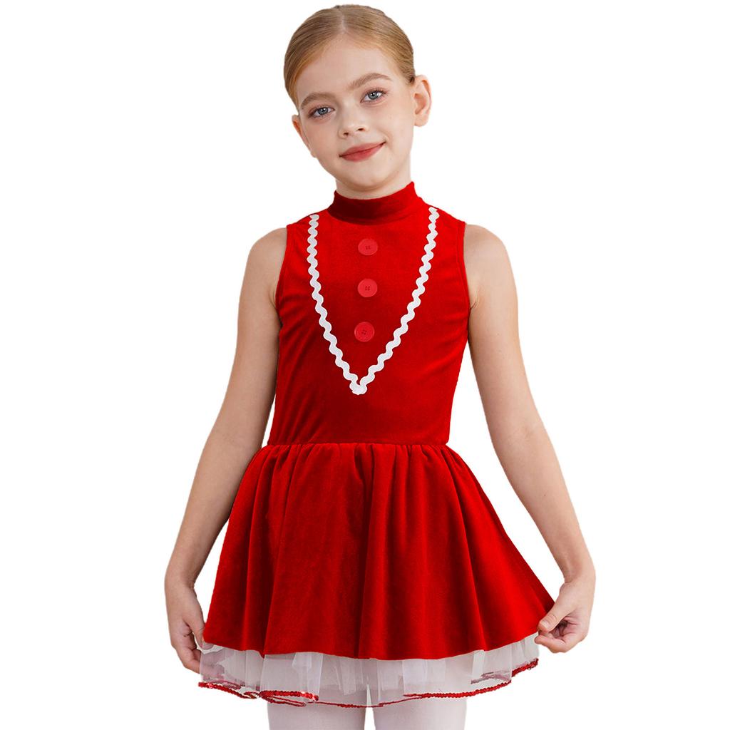Girls Gingerbread Man Tutu Dress Christmas Costume Sleeveless Hollow Back Velvet Leotard