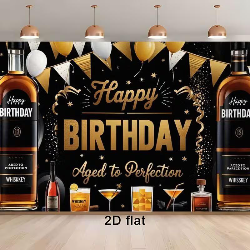 2D Elegant Black and Gold Backdrop, Whiskey Theme "Happy Birthday" Background for Cocktail Parties