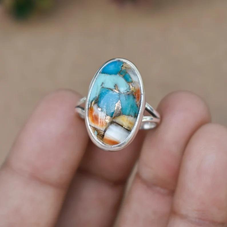 Oyster Copper Turquoise Oval Gemstone Ring, Solid 925 Sterling Silver Ring, Bezel Ring, Handmade Jewelry, Ring For Women