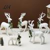 Winter Theme Table Centerpieces White Flocked Elk Ornament, Ribbon Bell Decor 3D Standing Deer Elegant Plastic Christmas Crafts Figurine, Decorative