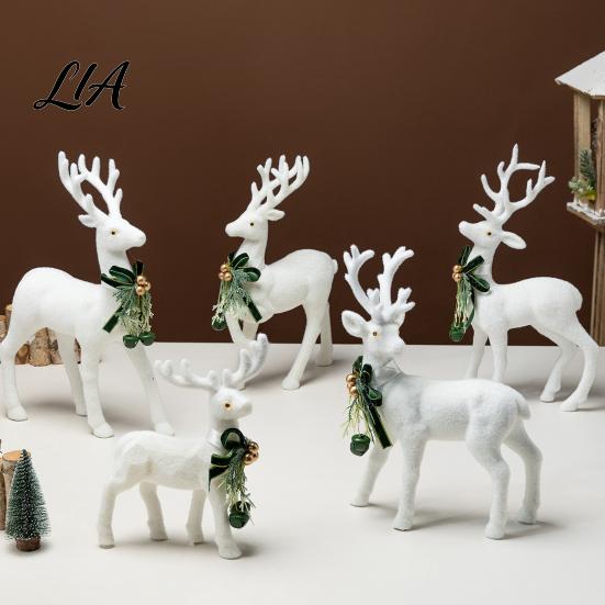 Winter Theme Table Centerpieces White Flocked Elk Ornament, Ribbon Bell Decor 3D Standing Deer Elegant Plastic Christmas Crafts Figurine, Decorative