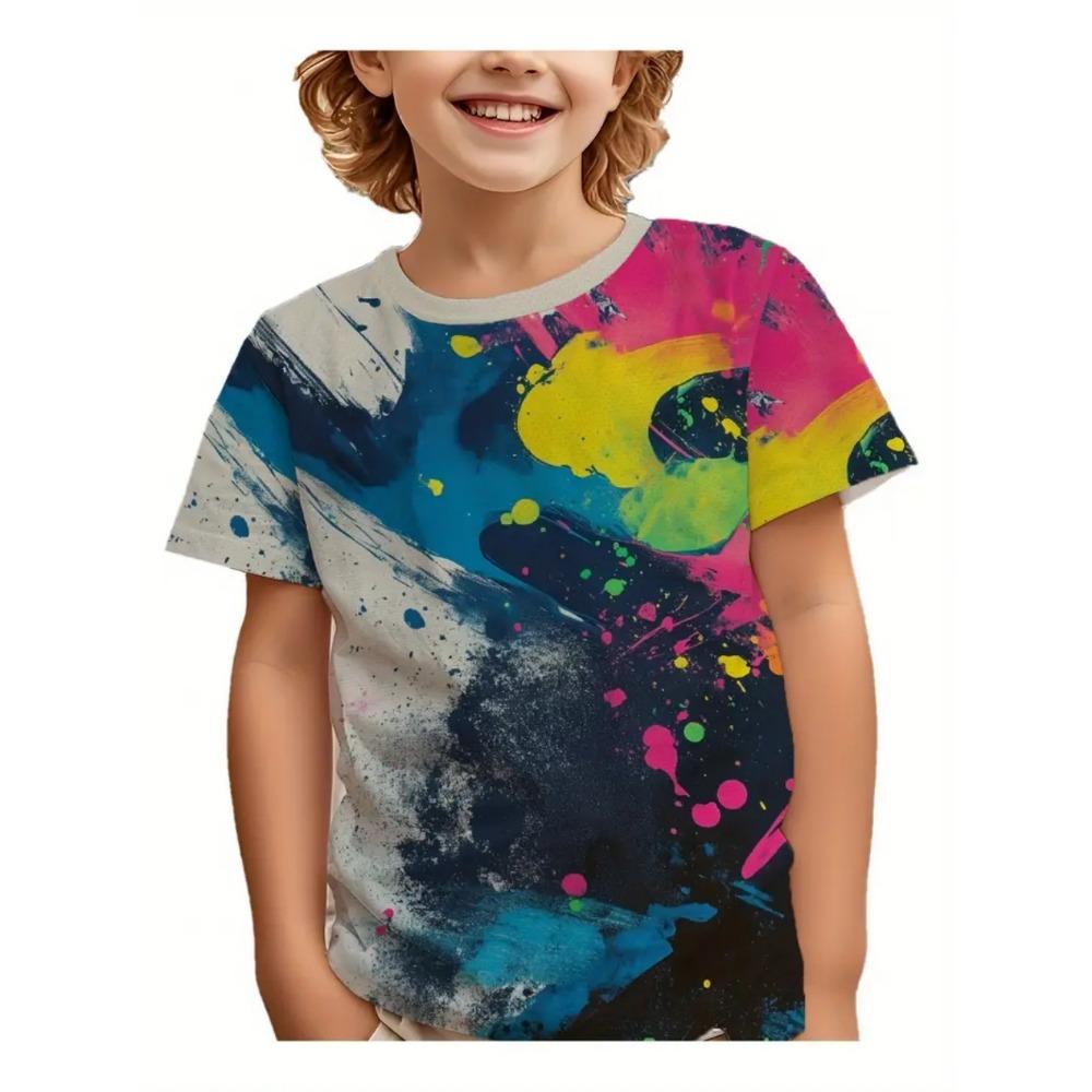 Children's clothing T-shirt, boys' moon pattern 3D printing, streetwear, short sleeved top, children's quick drying T-shirt