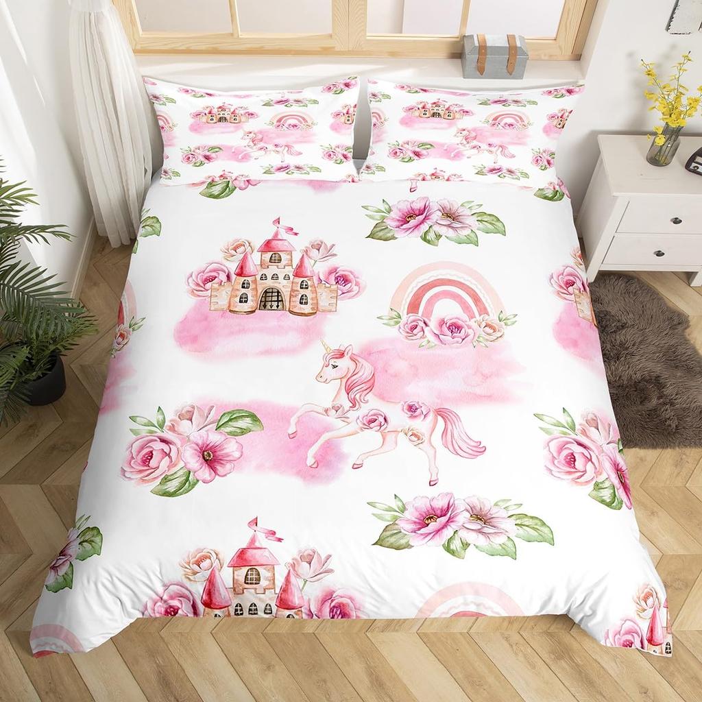 Unicorn Duvet Cover Set Cartoon Galaxy Rainbow Colourful Unicorn Cute Romantic Theme For Kids Girls Polyester Comforter Cover