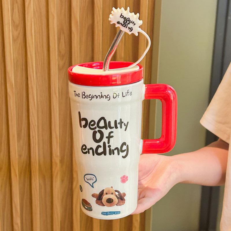 Милая чашка-соломинка высокой ценности в стиле инс для девочек, керамическая кружка большой вместимости с крышкой, парная чашка для воды, подарок на день рождения