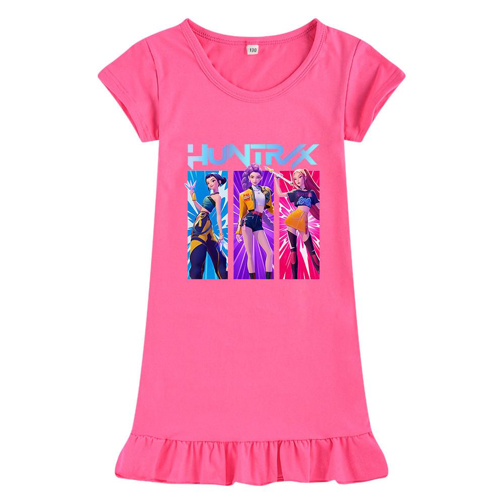 M1221 Kids Girls Kpop Rumi Zoey Mira Print Short Sleeves Ruffle Dress