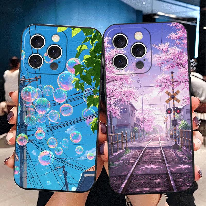 Эстетичный Аниме Пейзаж Мягкий Чехол для Телефона для iPhone 16 16E 17 Air 15 Pro Max 14 Plus 13 Mini 11 12 7 Черная Задняя Крышка