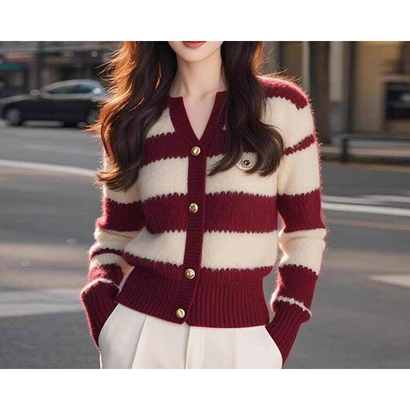 Бордовый полосатый вязаный кардиган женский осенне-зимний новый жакет мягкий восковой вязаный топ