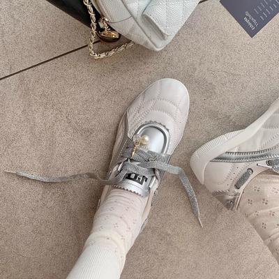 Версия из овчины~ Платформа 5 см для увеличения роста, балетки для тренировок, жемчужная шнуровка, круглый носок, цветная вставка, повседневная обувь, кеды Forrest Gump