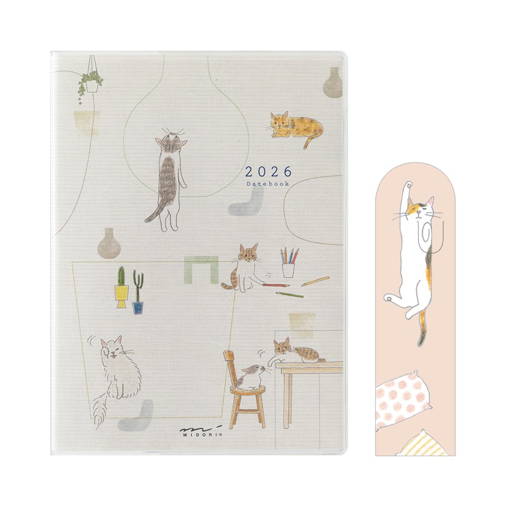 Еженедельник Midori Pocket Diary, 2026, A6, Недельный, Ограниченный выпуск, Дизайн с кошкой, с закладкой, 22367006 (Начинается в январе 2026 года)