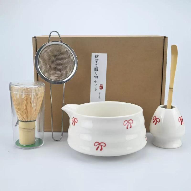 4/5pcs Cherry Blossom White Matcha Bowl with Matcha Whisk Set, Japanese Tea Set Includes Matcha Bowl with Spout