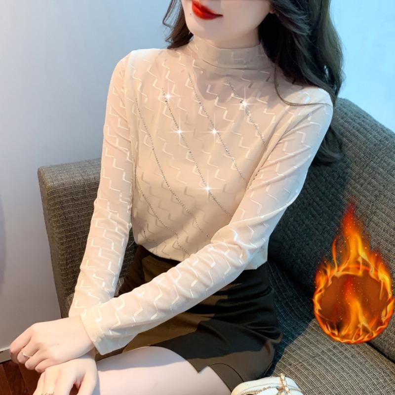 Футболка для женщин с утолщенным бархатом, зимняя, новая, с длинными рукавами, топ с воротником-стойкой, рубашка на основе Iron Diamond для женщин