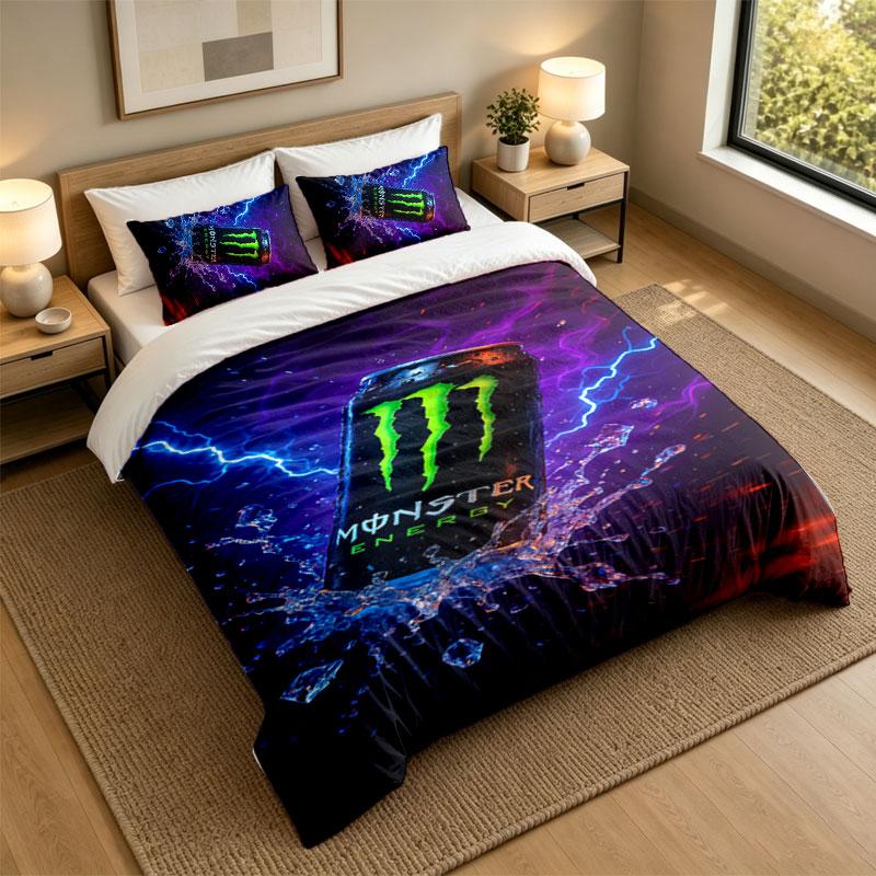 3Pcs Bedding SetMonster Energy Soft Bed Sheet and Two Pillowcases Home Bedroom Decor
