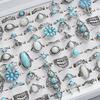 JMXD-15 Pcs Bohemian Turquoise Flower Rings Set Vintage Geometric Lace Stackable Boho Chic Statement Jewelry for Women
