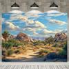 A 2D polyester background fabric depicting a desert landscape, featuring cacti and rocks, with versatile design applications