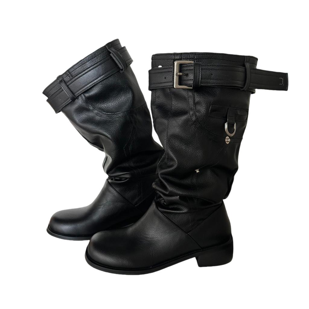 Blue Cabinet, But Knee Boots Women's 2025 New Thick Heel Round Head Thin Tall Knight Boots Pleated Pile Boots